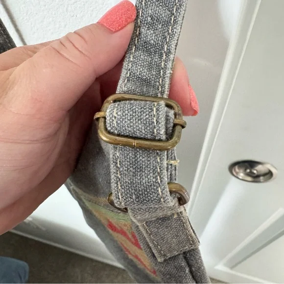 Vintage Addiction Gray Crossbody Purse Bag Canvas 100% Cotton Crochet Patch - Picture 4 of 14